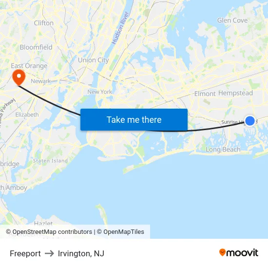 Freeport to Irvington, NJ map