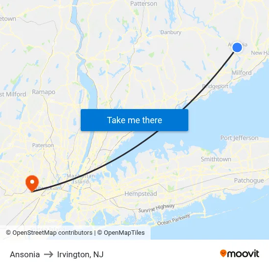 Ansonia to Irvington, NJ map