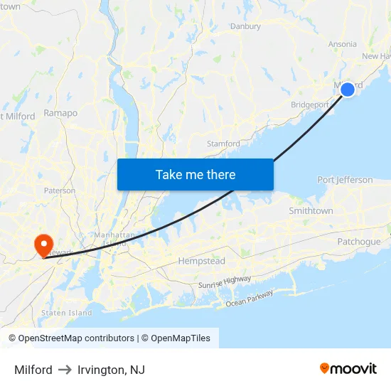 Milford to Irvington, NJ map