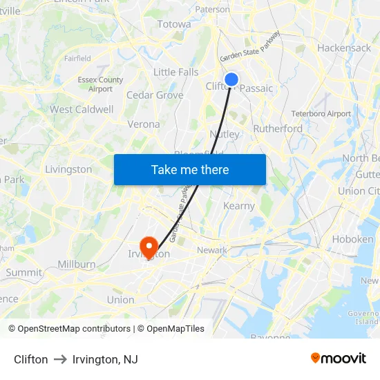 Clifton to Irvington, NJ map