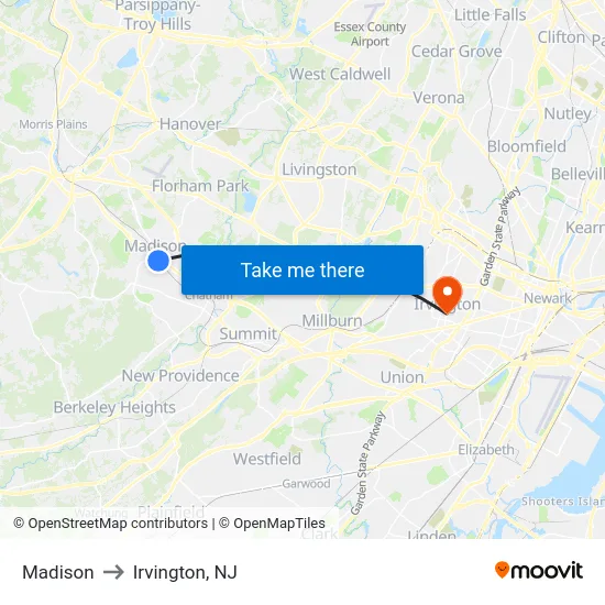 Madison to Irvington, NJ map