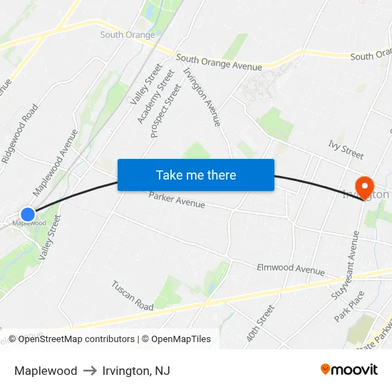 Maplewood to Irvington, NJ map