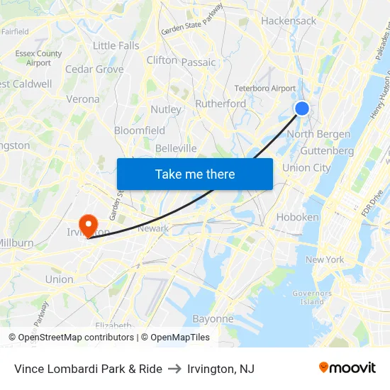 Vince Lombardi Park & Ride to Irvington, NJ map