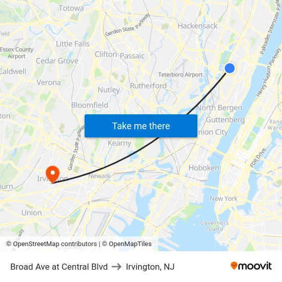 Broad Ave at Central Blvd to Irvington, NJ map