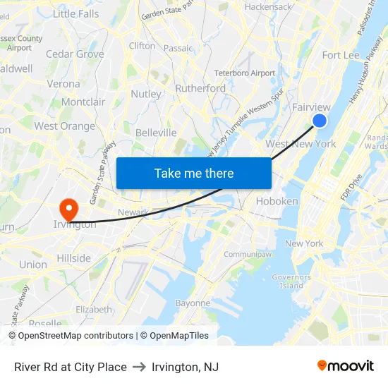 River Rd at City Place to Irvington, NJ map