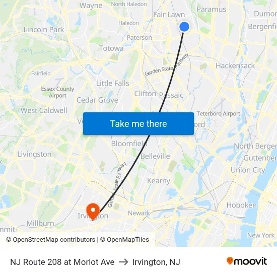 NJ Route 208 at Morlot Ave to Irvington, NJ map