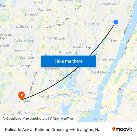 Palisade Ave at Railroad Crossing to Irvington, NJ map