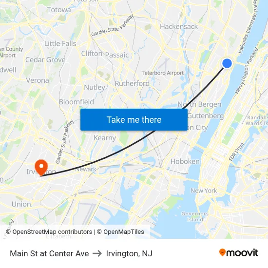 Main St at Center Ave to Irvington, NJ map
