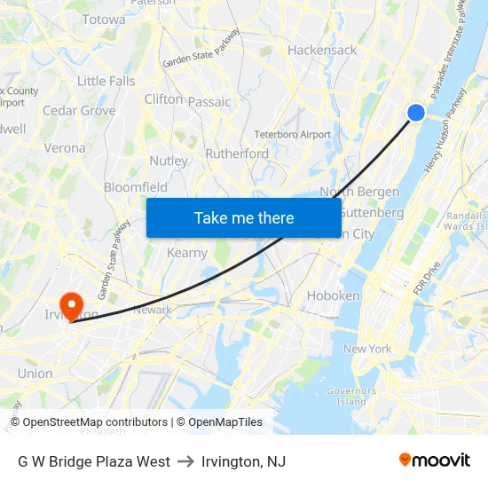 G W Bridge Plaza West to Irvington, NJ map