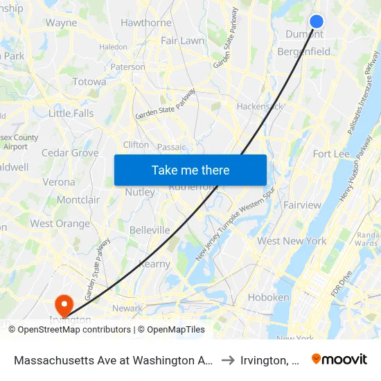 Massachusetts Ave at Washington Ave to Irvington, NJ map