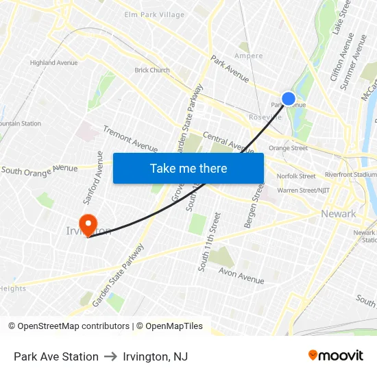 Park Ave Station to Irvington, NJ map