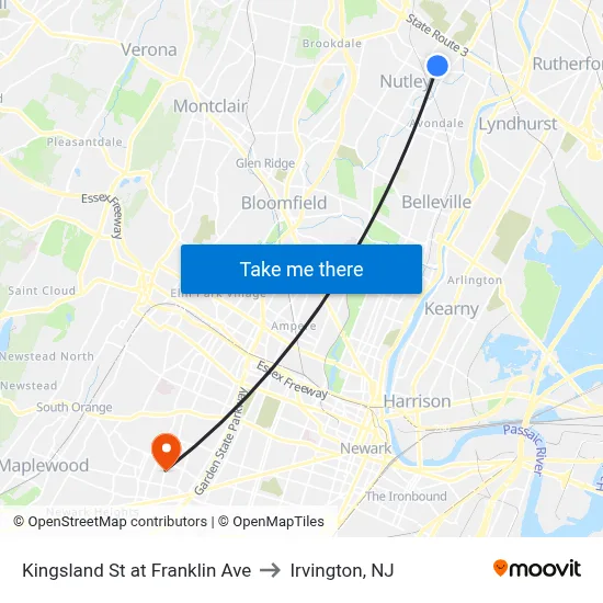 Kingsland St at Franklin Ave to Irvington, NJ map