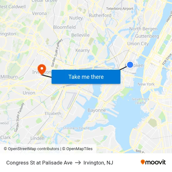 Congress St at Palisade Ave to Irvington, NJ map