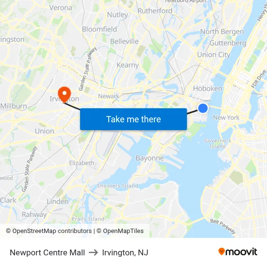 Newport Centre Mall to Irvington, NJ map