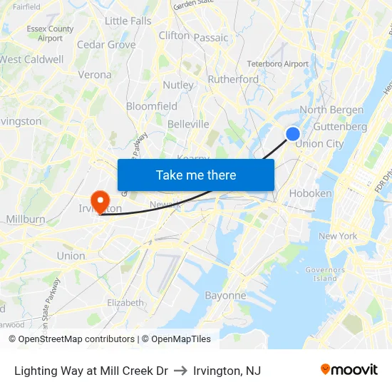 Lighting Way at Mill Creek Dr to Irvington, NJ map