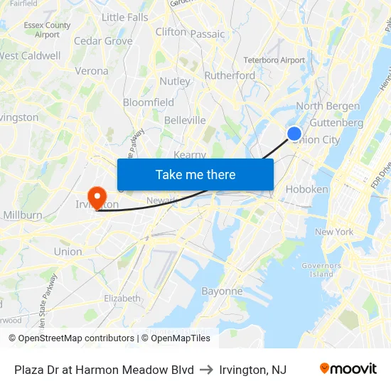 Plaza Dr at Harmon Meadow Blvd to Irvington, NJ map