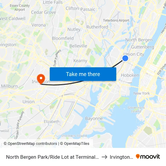 North Bergen Park/Ride Lot at Terminal Building B to Irvington, NJ map