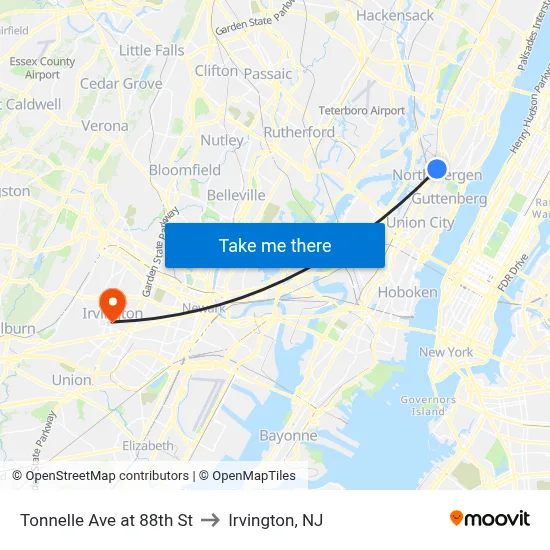 Tonnelle Ave at 88th St to Irvington, NJ map