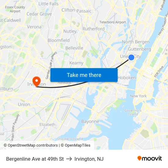 Bergenline Ave at 49th St to Irvington, NJ map