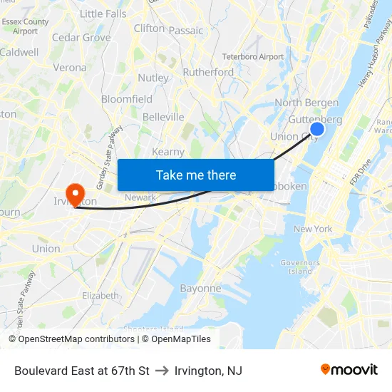 Boulevard East at 67th St to Irvington, NJ map