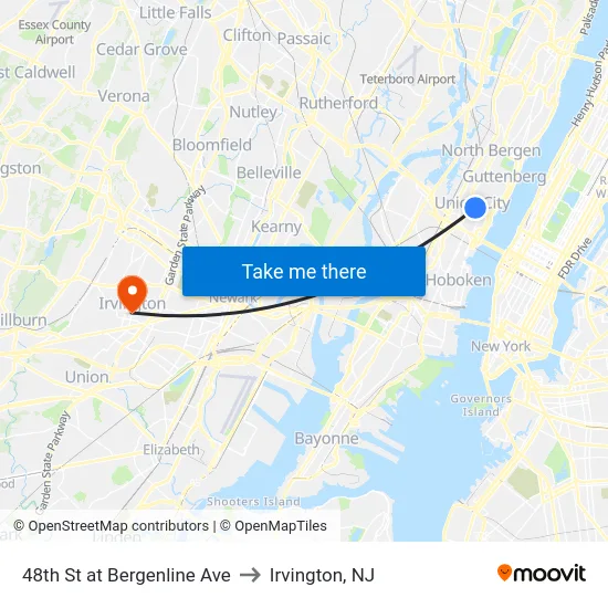 48th St at Bergenline Ave to Irvington, NJ map