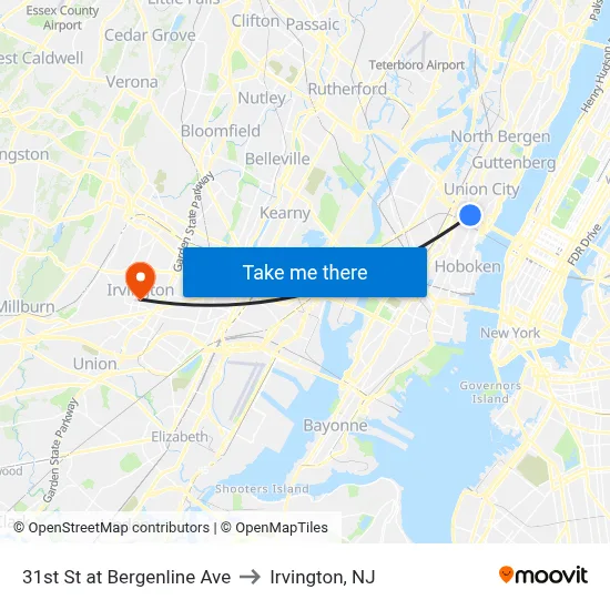 31st St at Bergenline Ave to Irvington, NJ map