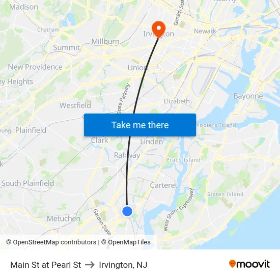 Main St at Pearl St to Irvington, NJ map