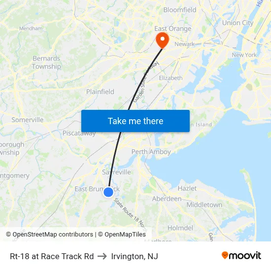 Rt-18 at Race Track Rd to Irvington, NJ map