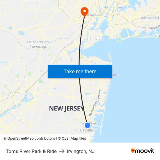 Toms River Park & Ride to Irvington, NJ map