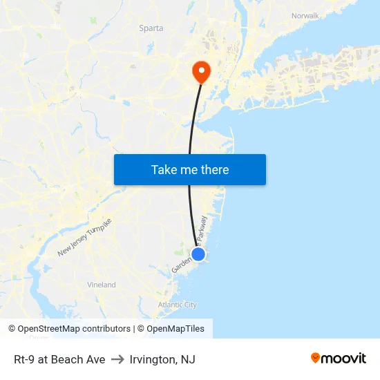 Rt-9 at Beach Ave to Irvington, NJ map