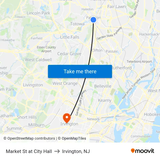 Market St at City Hall to Irvington, NJ map