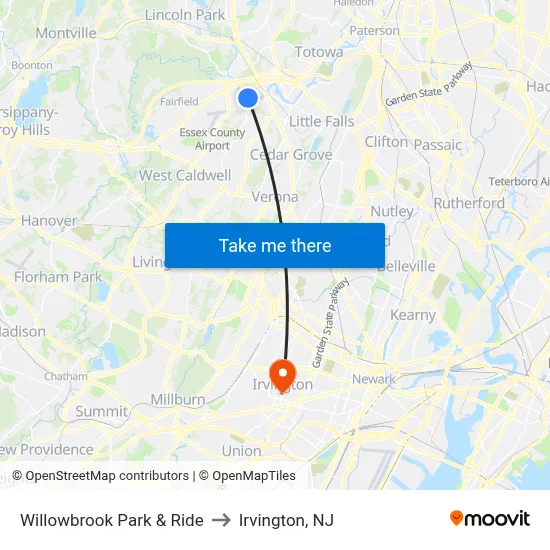 Willowbrook Park & Ride to Irvington, NJ map
