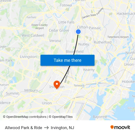 Allwood Park & Ride to Irvington, NJ map