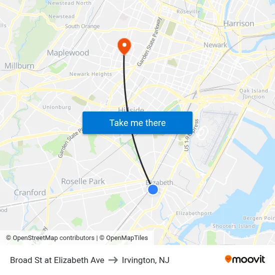 Broad St at Elizabeth Ave to Irvington, NJ map