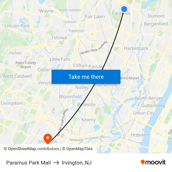 Paramus Park Mall to Irvington, NJ map