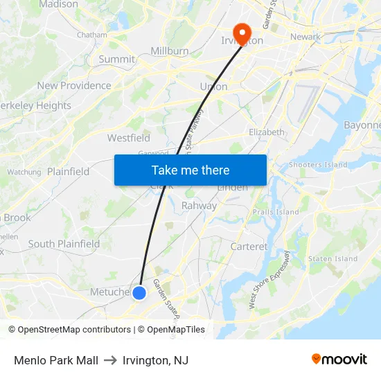 Menlo Park Mall to Irvington, NJ map