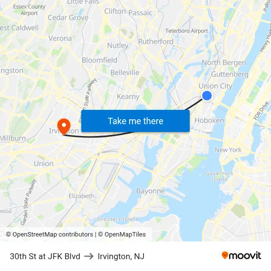 30th St at JFK Blvd to Irvington, NJ map