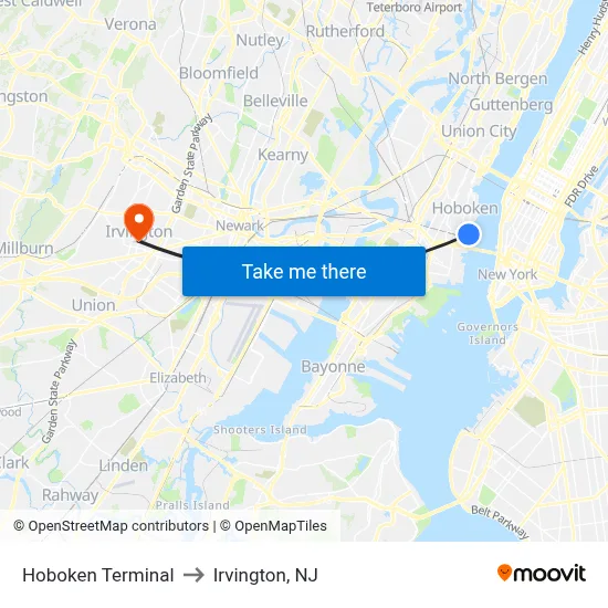 Hoboken Terminal to Irvington, NJ map
