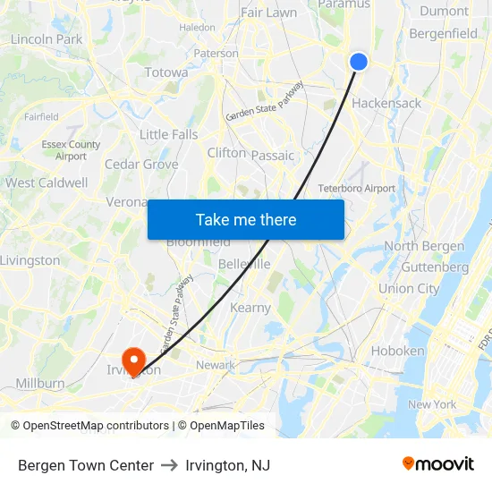 Bergen Town Center to Irvington, NJ map
