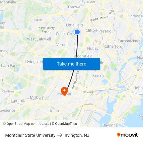 Montclair State University to Irvington, NJ map