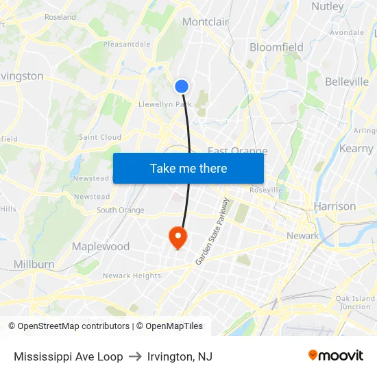 Mississippi Ave Loop to Irvington, NJ map