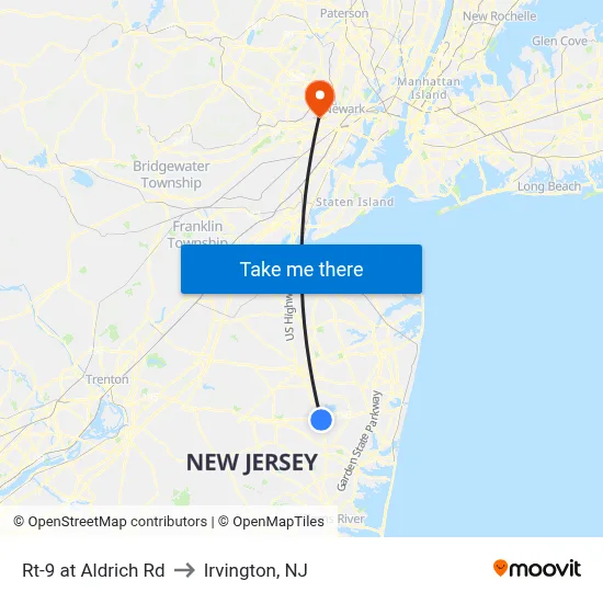 Rt-9 at Aldrich Rd to Irvington, NJ map