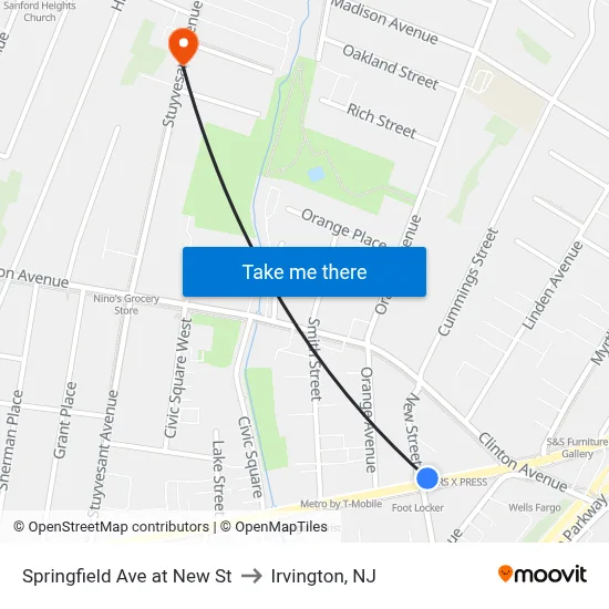 Springfield Ave at New St to Irvington, NJ map