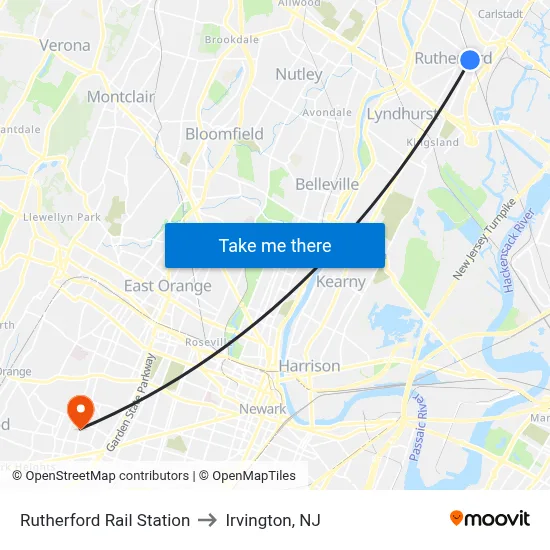 Rutherford Rail Station to Irvington, NJ map