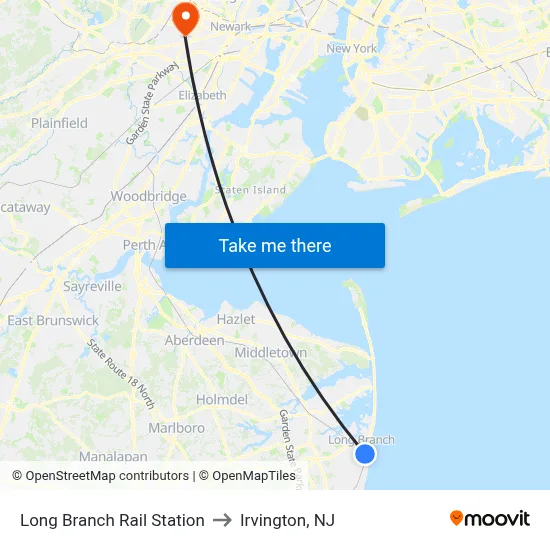 Long Branch Rail Station to Irvington, NJ map