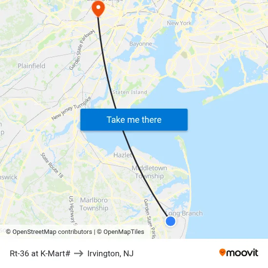 Rt-36 at K-Mart# to Irvington, NJ map
