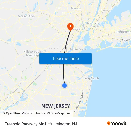 Freehold Raceway Mall to Irvington, NJ map