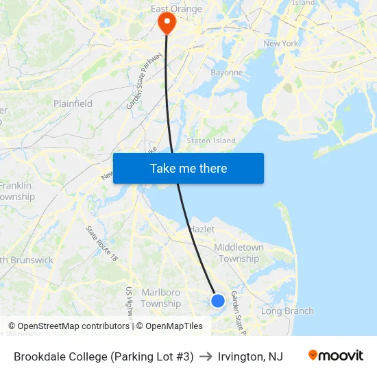 Brookdale College (Parking Lot #3) to Irvington, NJ map