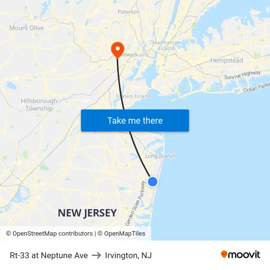 Rt-33 at Neptune Ave to Irvington, NJ map