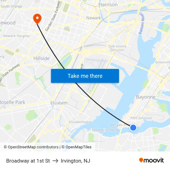 Broadway at 1st St to Irvington, NJ map